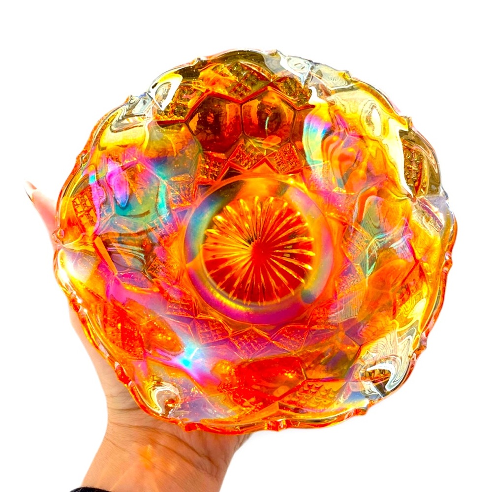 Gorgeous iridescent marigold Carnival Glass dish.